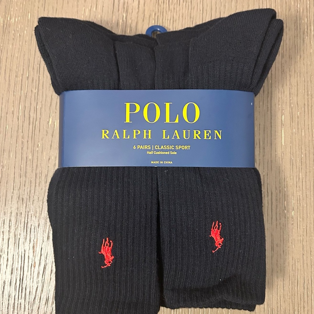 Ralph Lauren Blue Crew Socks with Red Pony Embroidery (6-Pack)
